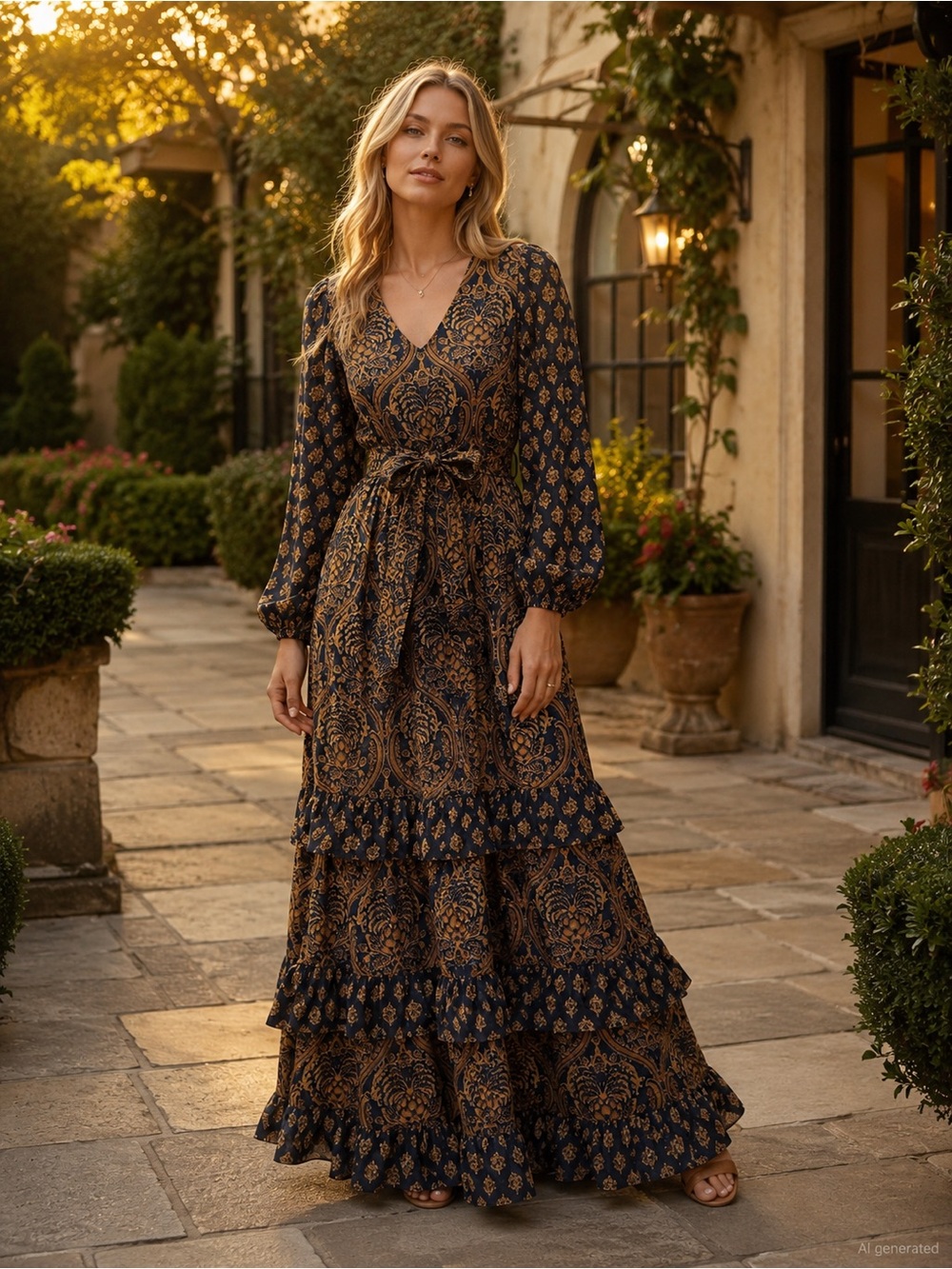 A Loves A XS Navy Gold Paisley Tiered Maxi Dress Boho Puff Sleeve - Picture 1 of 10